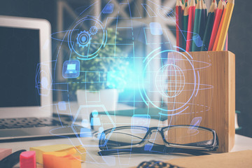 Social network theme drawing with glasses on the table background. Concept of people media...