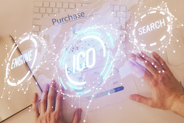 Man's hands working with notes background. Cryptocurrency and finance concept.
