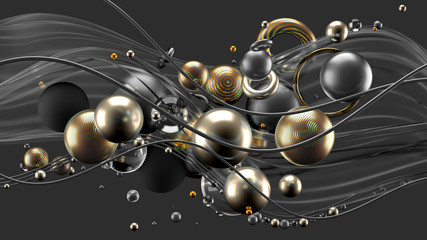 Beautiful abstract background with volume elements, balls, texture, lines. 3d illustration, 3d rendering.