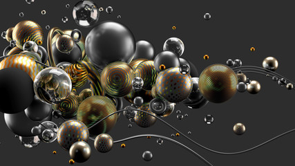 Beautiful abstract background with volume elements, balls, texture, lines. 3d illustration, 3d rendering.