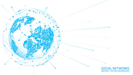 Vector white background. Light blue map of planet Earth with social icons. Global Internet. Technology and telecommunications. Countries and continents. Mobile communication and social networks.