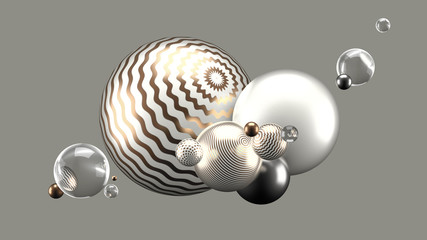 Beautiful abstract background with volume elements, balls, texture, lines. 3d illustration, 3d rendering.