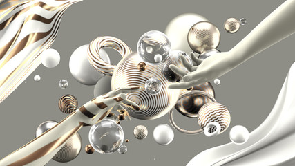 Beautiful abstract background with volume elements, balls, texture, lines. 3d illustration, 3d rendering.