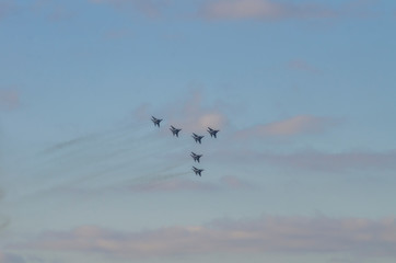 Russian airplanes aerobatic team in the sky