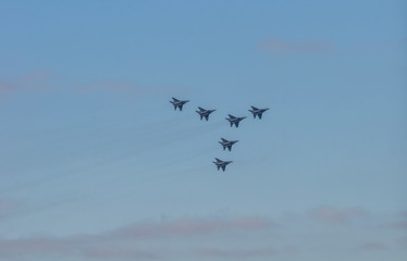 Russian airplanes aerobatic team in the sky