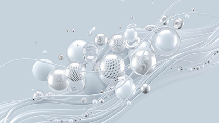 Beautiful abstract background with volume elements, balls, texture, lines. 3d illustration, 3d rendering.