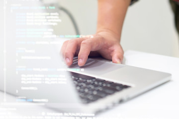 close up programmer man hand typing on keyboard at computer desktop for input coding language to...