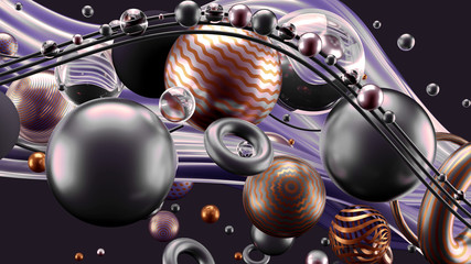 Beautiful abstract background with volume elements, balls, texture, lines. 3d illustration, 3d rendering.