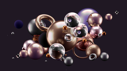 Beautiful abstract background with volume elements, balls, texture, lines. 3d illustration, 3d rendering.