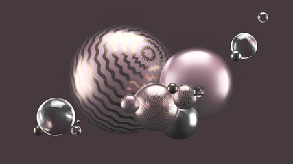 Beautiful abstract background with volume elements, balls, texture, lines. 3d illustration, 3d rendering.