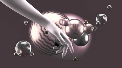 Beautiful abstract background with volume elements, balls, texture, lines. 3d illustration, 3d rendering.