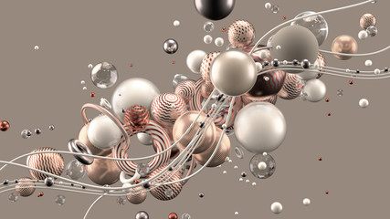 Beautiful abstract background with volume elements, balls, texture, lines. 3d illustration, 3d rendering.