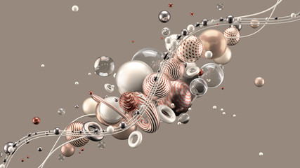 Beautiful abstract background with volume elements, balls, texture, lines. 3d illustration, 3d rendering.