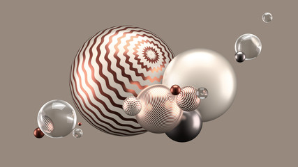 Beautiful abstract background with volume elements, balls, texture, lines. 3d illustration, 3d rendering.