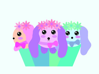 EPS 10 vector. Three puppies drawn in kawaii style sitting in a basket.