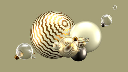 Beautiful abstract background with volume elements, balls, texture, lines. 3d illustration, 3d rendering.