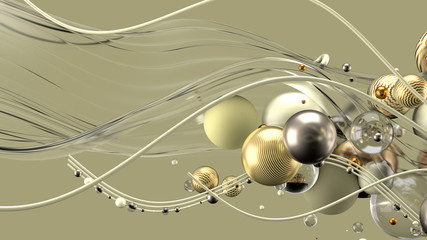 Beautiful abstract background with volume elements, balls, texture, lines. 3d illustration, 3d rendering.