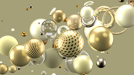 Beautiful abstract background with volume elements, balls, texture, lines. 3d illustration, 3d rendering.