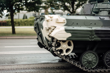 General rehearsal of the military parade in Belarus. Military equipment rides through city streets. Heavy fighting vehicles