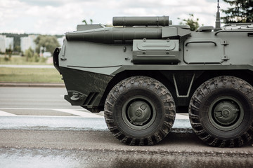 General rehearsal of the military parade in Belarus. Military equipment rides through city streets. Heavy fighting vehicles