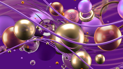 Beautiful abstract background with volume elements, balls, texture, lines. 3d illustration, 3d rendering.