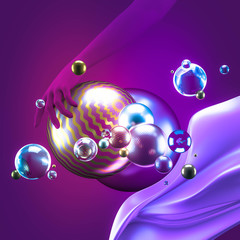 Beautiful abstract background with volume elements, balls, texture, lines. 3d illustration, 3d rendering.