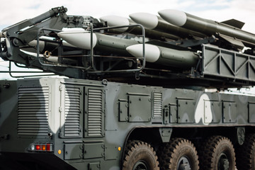 General rehearsal of the military parade in Belarus. Military equipment rides through city streets. Heavy fighting vehicles