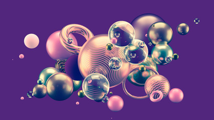 Beautiful abstract background with volume elements, balls, texture, lines. 3d illustration, 3d rendering.