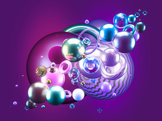 Beautiful abstract background with volume elements, balls, texture, lines. 3d illustration, 3d rendering.