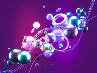 Beautiful abstract background with volume elements, balls, texture, lines. 3d illustration, 3d rendering.