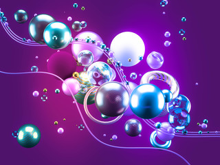 Beautiful abstract background with volume elements, balls, texture, lines. 3d illustration, 3d rendering.