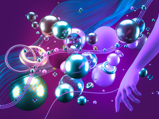 Beautiful abstract background with volume elements, balls, texture, lines. 3d illustration, 3d rendering.