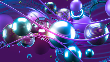 Beautiful abstract background with volume elements, balls, texture, lines. 3d illustration, 3d rendering.