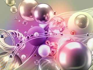 Beautiful abstract background with volume elements, balls, texture, lines. 3d illustration, 3d rendering.