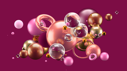 Beautiful abstract background with volume elements, balls, texture, lines. 3d illustration, 3d rendering.