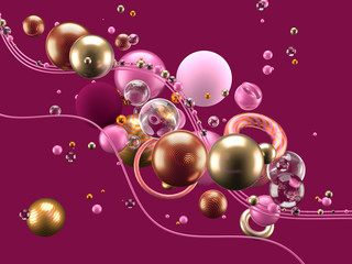 Beautiful abstract background with volume elements, balls, texture, lines. 3d illustration, 3d rendering.