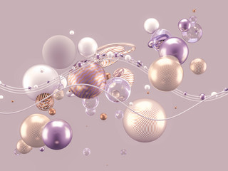 Beautiful abstract background with volume elements, balls, texture, lines. 3d illustration, 3d rendering.