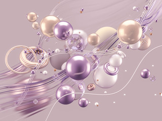 Beautiful abstract background with volume elements, balls, texture, lines. 3d illustration, 3d rendering.