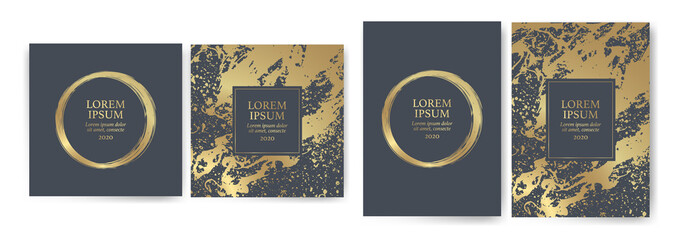 Set of design templates with golden texture, marble effect. Luxury and elegance Suitable for wedding invitations, VIP events, covers, promotions.