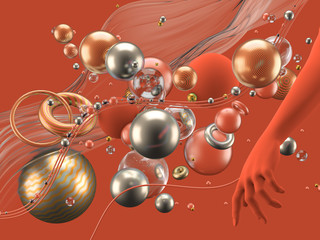 Beautiful abstract background with volume elements, balls, texture, lines. 3d illustration, 3d rendering.