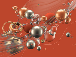 Beautiful abstract background with volume elements, balls, texture, lines. 3d illustration, 3d rendering.