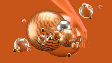 Beautiful abstract background with volume elements, balls, texture, lines. 3d illustration, 3d rendering.
