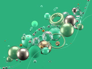 Beautiful abstract background with volume elements, balls, texture, lines. 3d illustration, 3d rendering.