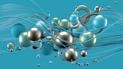 Beautiful abstract background with volume elements, balls, texture, lines. 3d illustration, 3d rendering.