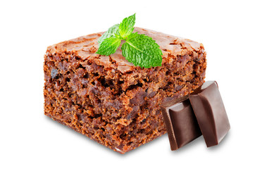 Chocolate brownie cake on a white isolated background
