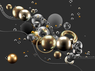 Beautiful abstract background with volume elements, balls, texture, lines. 3d illustration, 3d rendering.