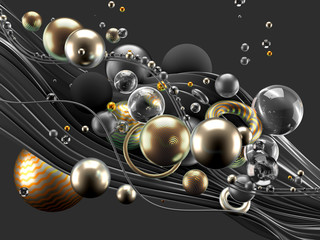 Beautiful abstract background with volume elements, balls, texture, lines. 3d illustration, 3d rendering.