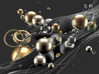 Beautiful abstract background with volume elements, balls, texture, lines. 3d illustration, 3d rendering.