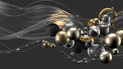 Beautiful abstract background with volume elements, balls, texture, lines. 3d illustration, 3d rendering.