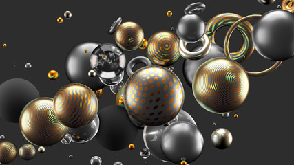 Beautiful abstract background with volume elements, balls, texture, lines. 3d illustration, 3d rendering.